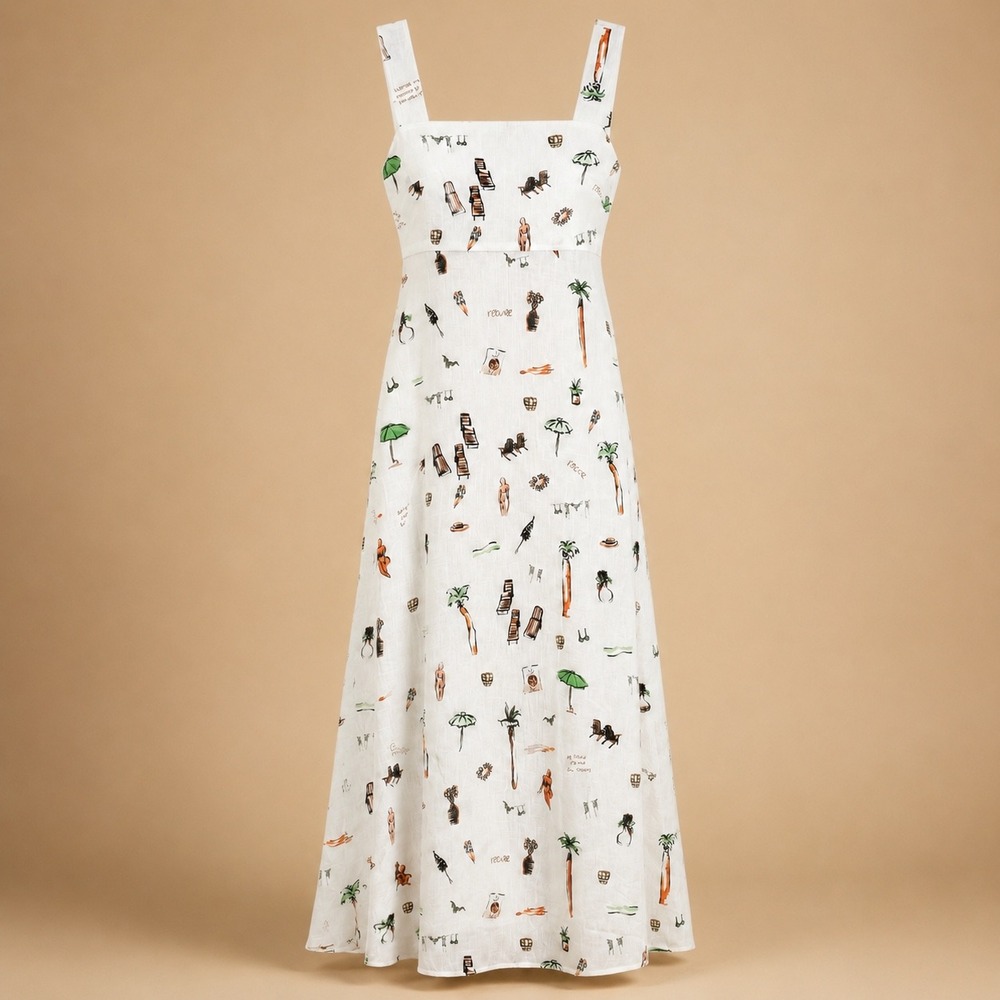 Commense Beach Print XS Linen Blend Maxi Vacation Coastal Whimsical Summer Dress